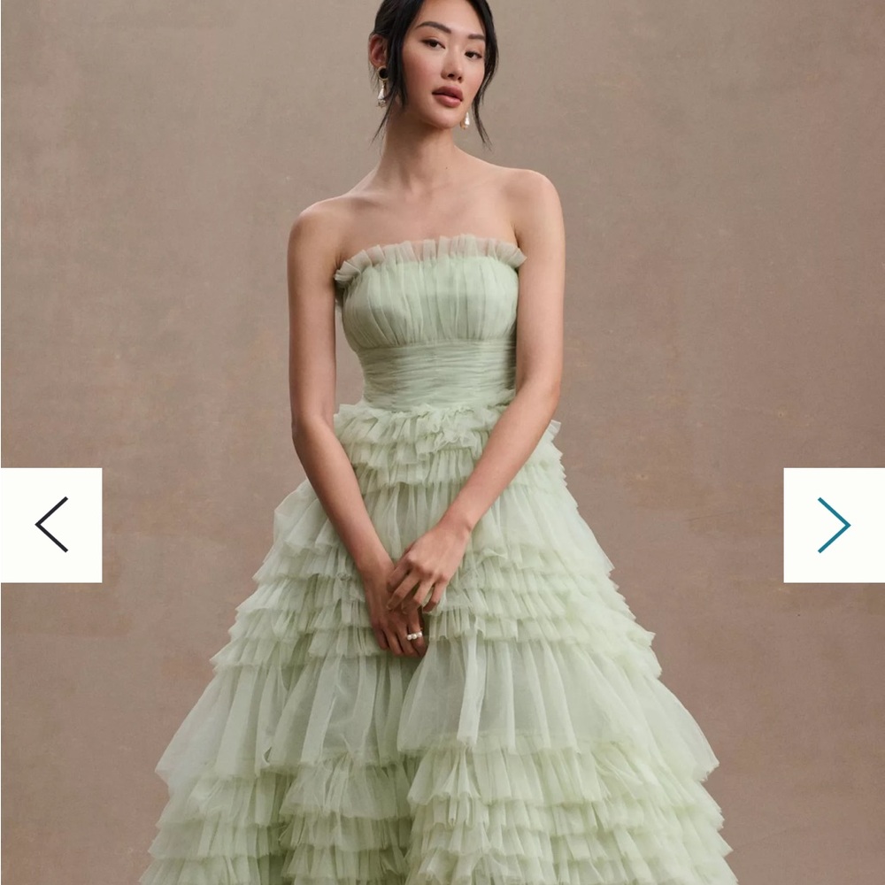 Anthropologie Mac Duggal Tiered Strapless Tulle A-Line High-Low Gown Sage - Picture 3 of 5